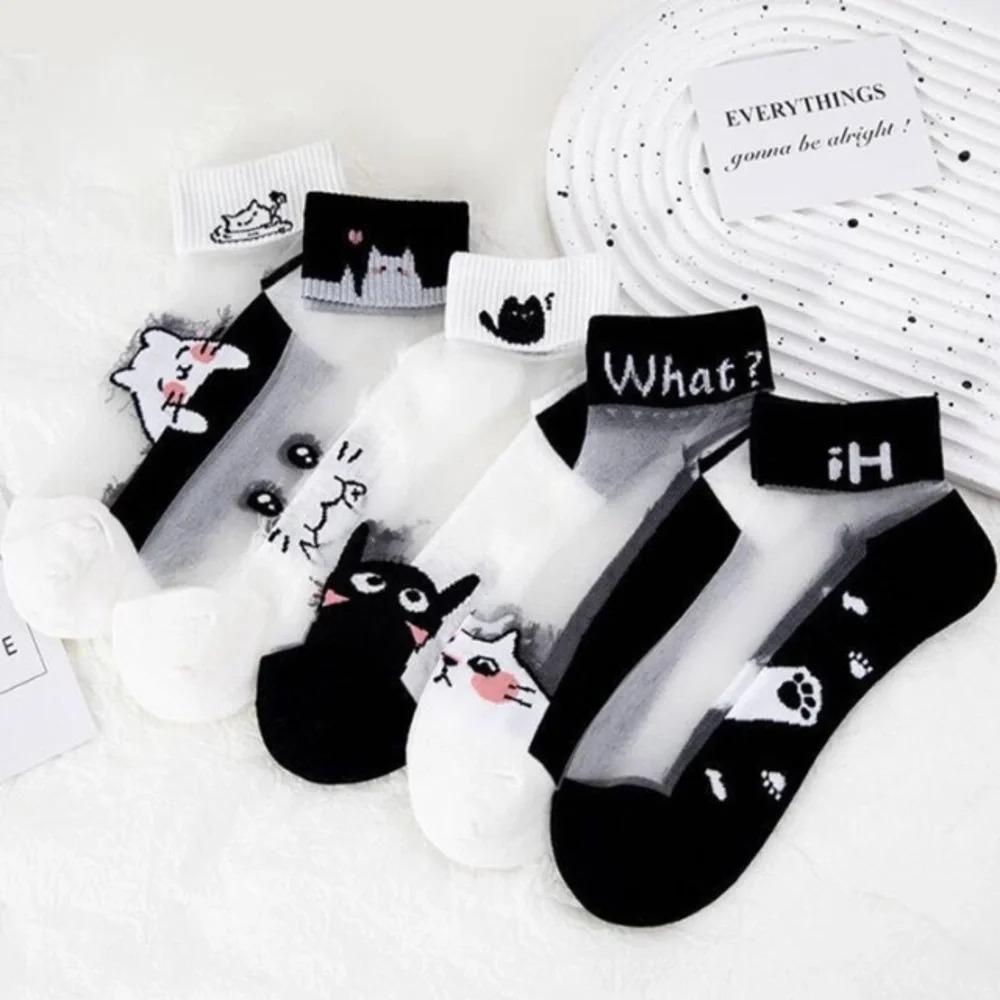 5 pair black white and sheer novelty ladies cat ankle socks cute